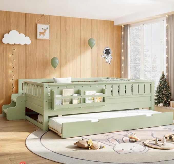 Bellemave Full Size Kids Bed with high Rails and with Built-in Bookshelf and Trundle for Kids, Girls, Boys, Wood Montessori Bed Without Door, Avocado Green