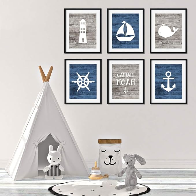 Andaz Press Personalized Ocean Nautical Sailor Theme Nursery Kids Bedroom Hanging Wall Art Decor, 8.5x11-inch, Rustic Distressed Blue Wood, Anchor, 6-Pack, Custom Name Unframed Room Poster