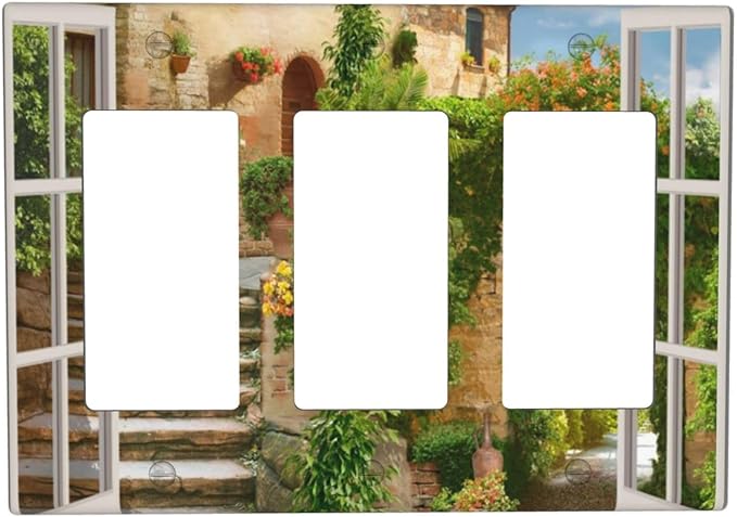 Mediterranean Greece Scene Flowers Light Switch Cover Triple Rocker Decorative 3 Gang Switches Plates and Outlet Covers Italian Town from Another Window Switchplate Wallplate for Kitchen Living Room