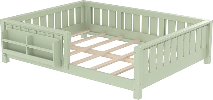 Bellemave Full Size Floor Bed with Slats and Safety Guardrail, Full Size Montessori Floor Bed with Fence and Built-in Bookshelf, Easy Assemble Montessori Beds for Kids, Girls, Boys, Green