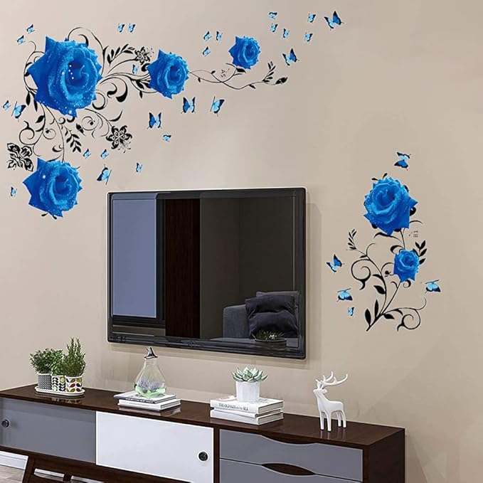 Supzone Blue Rose Wall Stickers Rose Flower Vine Wall Decal Blue Peony Floral Wall Decor DIY Vinyl Mural Art for Bedroom Living Room Sofa Backdrop