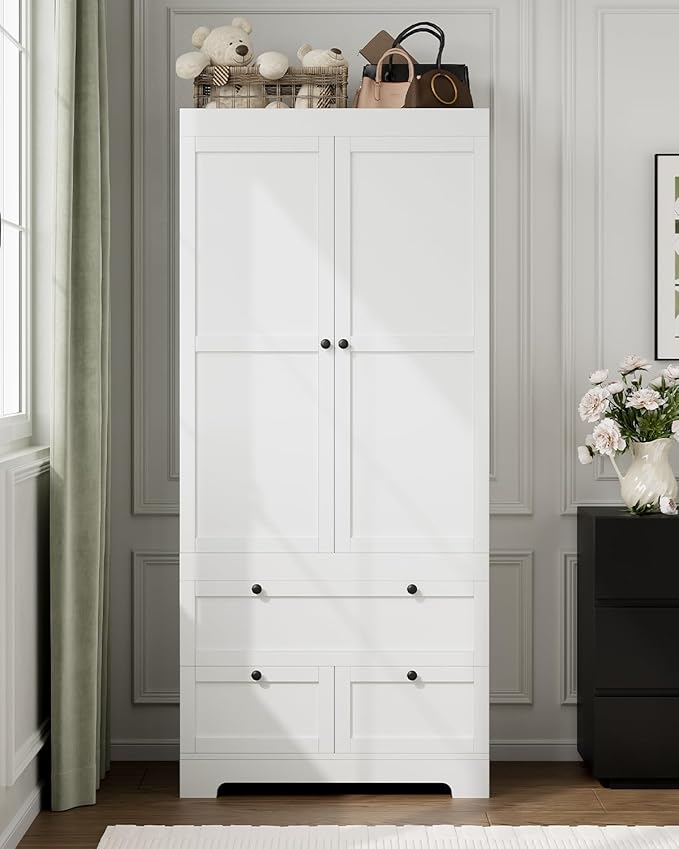 2 Doors Armoire Wardrobe Closet with 2 Drawers, Modern Modular Closet Wardrobe Cabinet with Shelves and Hanging Rod, Freestanding Wooden Armoire for Bedroom, White