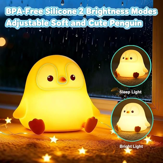 Cute Penguin Night Light for Kids Bedroom, Animal Silicone Nursery Night Lamp Touch Control Nightlights USB Rechargeable Bedside Lamp for Baby Children Toddlers Girls Gift