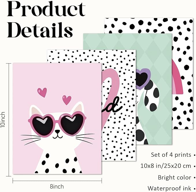 VONTP Pastel Rainbow Classroom Dog Cat Wall Art Decor, Dalmatian Cat Classroom Prints Poster Wall Decorations for Kids Girl Nursery Toddler Room Bedroom Playroom, 8x10 Inch Set of 4 (Unframed)