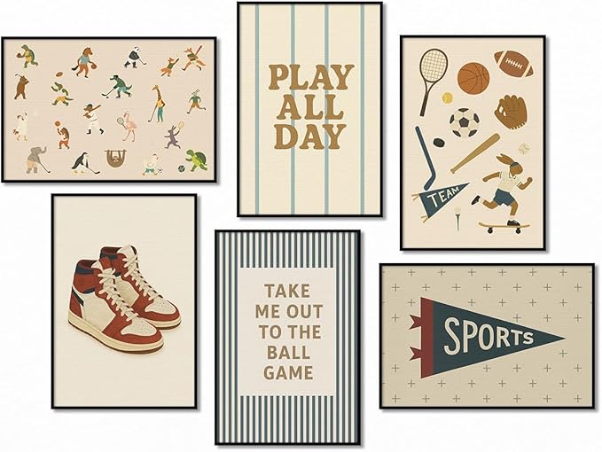 Sports Posters for Boys Bedroom, Boy Nursery Canvas Wall Art, Cute Animal Athletes & Sports Equipment Pictures, Charming Quotes Take Me Out To The Ball Game Play All Day Print 8x12in Unframed
