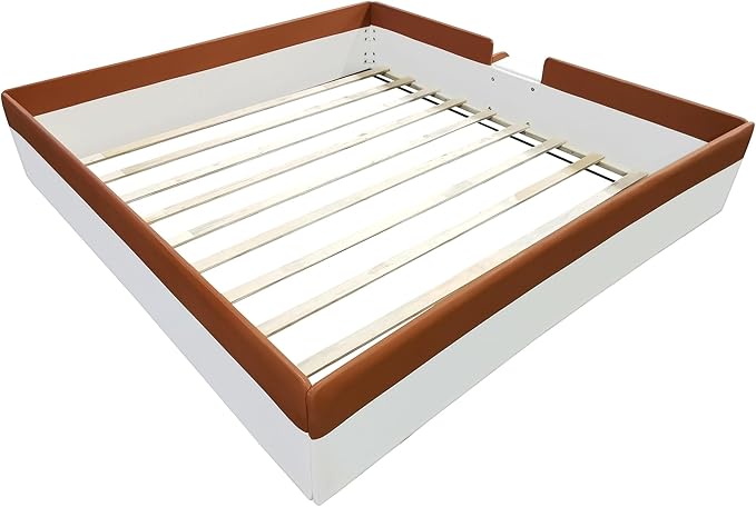 King Size Upholstered Daybed Frame with Fence and Stairs, Montessori Kids Floor Bed with Sturdy Slat Support for Kids Boys Girls (Brown+King)