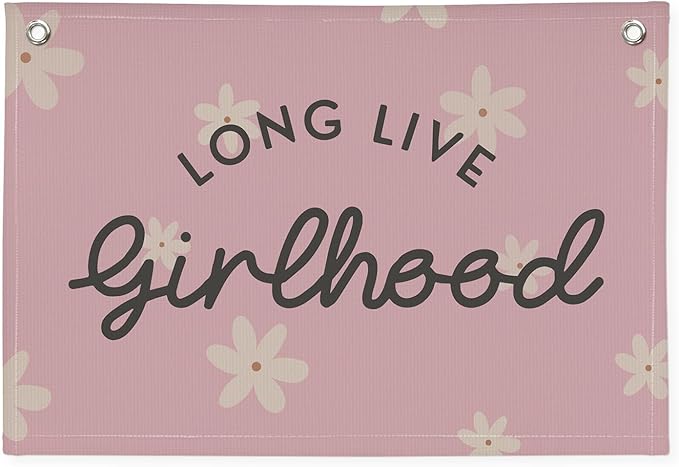Long Live Girlhood Linen Banner Hanging Pink Flag Flower Banner for Nursery Playroom Wall Decor for Kids Bedroom Living Room Dorm Toddler Decorations Trendy Room 30x20 In (Girlhood)