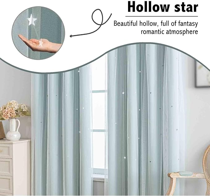 Anytime Romantic Kids Curtain,Hollow-Out Stars Window Curtain Double Layer Blackout Curtains for Girls Bedroom Kids Room 2Panel,(W52 x L95,Light Blue)