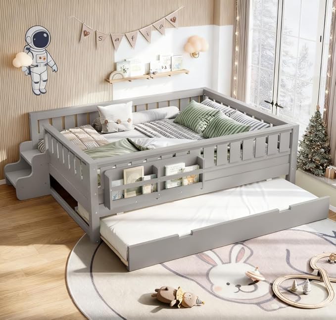 Bellemave Full Size Kids Bed with high Rails and with Built-in Bookshelf and Trundle for Kids, Girls, Boys, Wood Montessori Bed Without Door, Gray