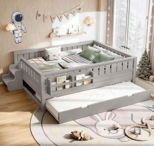 Bellemave Full Size Kids Bed with high Rails and with Built-in Bookshelf and Trundle for Kids, Girls, Boys, Wood Montessori Bed Without Door, Gray