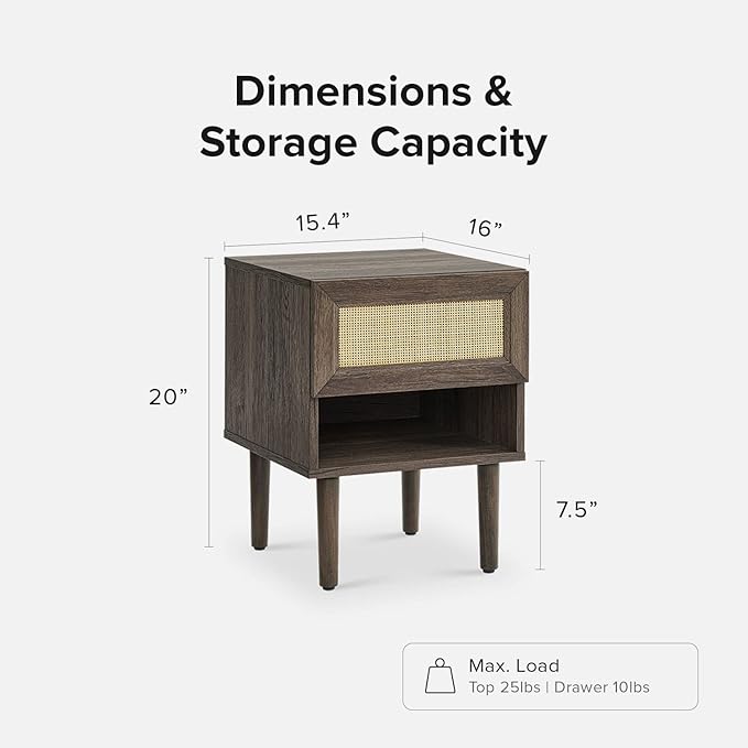 mopio Haylee Rattan Side Table, Small Accent Tables for Living Room, Mid Century Modern Night Stand, Bedside Tables, Wood Nightstands for Bedroom (Walnut, Single)