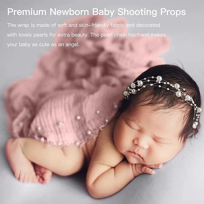 SPOKKI 2 PCS Baby Props Photography Wrap Kit, Newborn Photography Props, Handmade Pearl Wrap Blanket for Baby Photo Props with Pearl Headband, 35.5 X 67 inch Newborn Outfits for Photography (Pink)