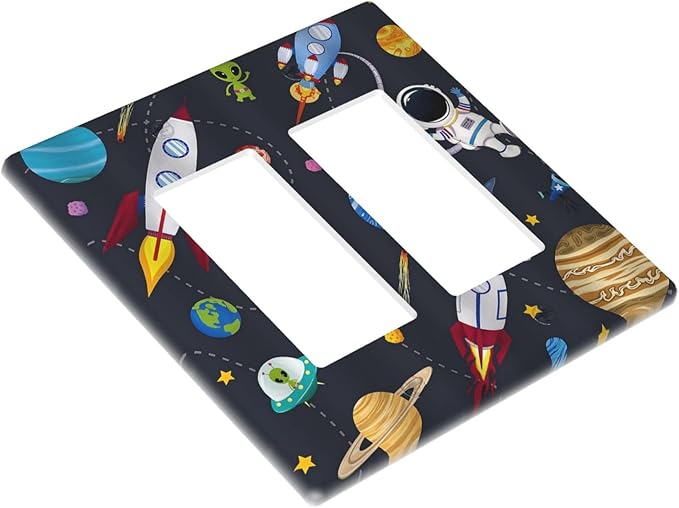 Rocket Planets Astronaut Blue Decorative Double Rocker Light Switch Cover 2 Gang Outlet Wall Plate Decorative GFCI Switchplate Electrical Faceplate for Nursery Kidsroom Bedroom Decor