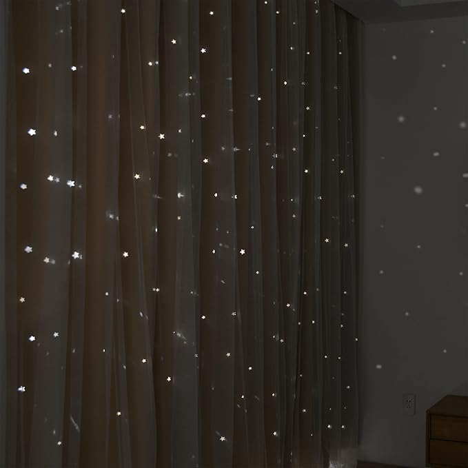 Kinryb Kids Blackout Curtains for Bedroom/Living Room/Classroom, Sheer Overlay 2 Panel Set, Double Layer Curtains with Star Cutout for Kids Room(Each Piece W 70 x L 84 Inches 2 Pcs Beige)