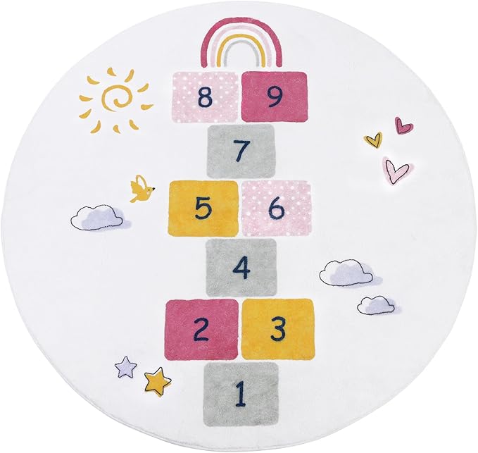HiiARug Hopscotch Kids Rug Round 5Ft Fun and Educational Playroom Rug Soft Durable Rainbow Floor Carpet Kid’s Play Mat for Bedroom, Playroom, Nursery, Gift for Girls & Boys(Colorful)