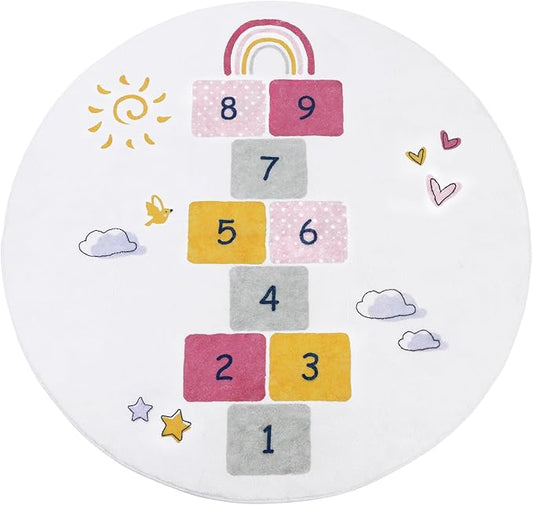 HiiARug Hopscotch Kids Rug Round 5Ft Fun and Educational Playroom Rug Soft Durable Rainbow Floor Carpet Kid’s Play Mat for Bedroom, Playroom, Nursery, Gift for Girls & Boys(Colorful)