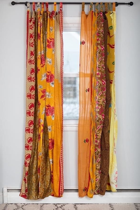 YILLE Boho Silk Sari Curtain Panel,1 Piece Vintage Handmade Lightweight Recycled Indian Silk Saree Window Drapes for Bohemian Living Room, Aesthetic Home Décor Wall Hanging - Yellow, 84 X 43 in