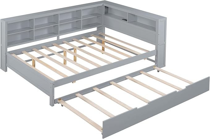 Harper & Bright Designs Full Size Daybed With Trundle and Charging Station, Wooden Storage Bed Frame With L-Shaped Bookcases, Platform Bed With Shelves for Kids Girls Boys, Gray