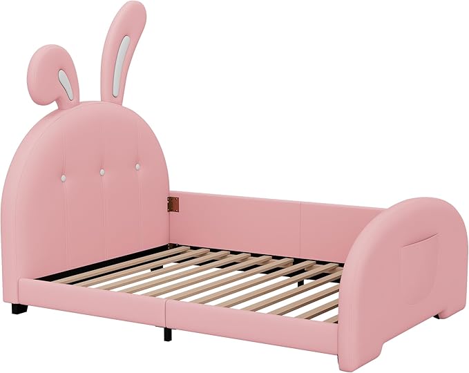 Harper & Bright Designs Twin Size Upholstered Rabbit Shape Princess Bed Frame for Boys Girls Kids Adults Toddler, Twin Size Platform Bed with Headboard and Footboard,Pink