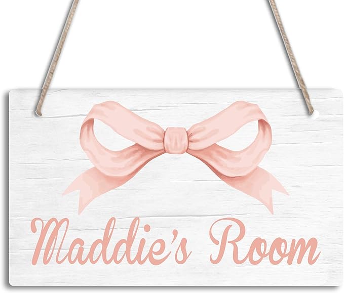 Personalized Rose Pink Bow Kids Room Door Sign Custom Name Girls Boys Bedroom Decor Toddler Baby Nursery Wood Art Wall Plaque 12x6 Inches
