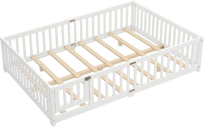 Harper & Bright Designs Queen Floor Bed Frame with Safety High Fence, Wood Montessori Beds with Door, Floor Bed Queen with Solid Wood Support Slats for Boys, Girls, Kids, White