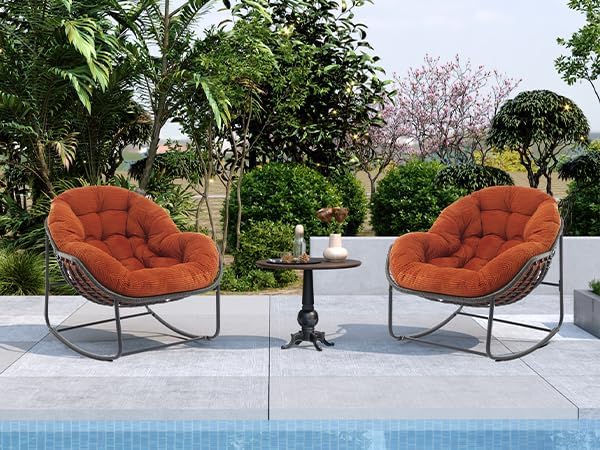 Oversized Outdoor Papasan Rocking Chair Set of 2 with Soft Cushion, Comfy Patio Egg Chair, Wicker Lounge Rocker for Balcony/Porch/Garden, Reinforced All Weather Rattan Frame, Burnt Orange
