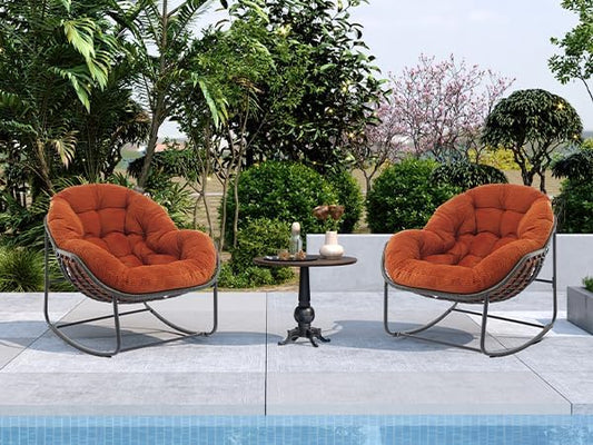 Oversized Outdoor Papasan Rocking Chair Set of 2 with Soft Cushion, Comfy Patio Egg Chair, Wicker Lounge Rocker for Balcony/Porch/Garden, Reinforced All Weather Rattan Frame, Burnt Orange