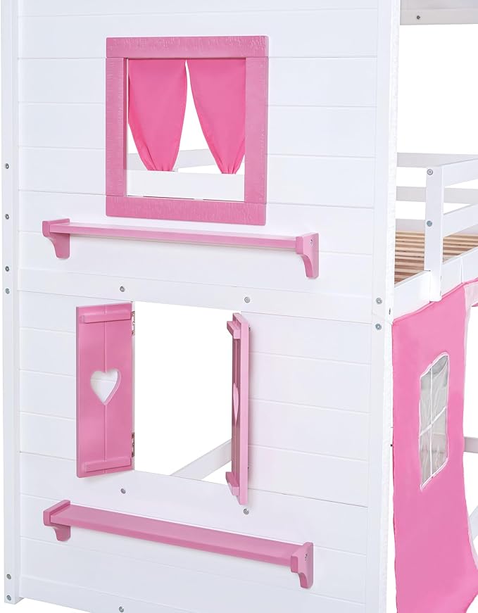 Full Size House Bunk Bed with Elegant Windows and Sills, Solid Wood Tent Bed Frame with Guardrails for Kids Teens Boys Girls, Versatile Spacious Under Bed Space with Curtains (White+Pink C)