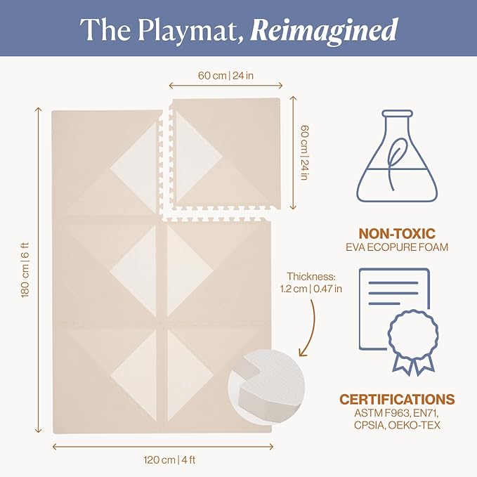 Toddlekind Playmat - Premium Foam Playmat, 4 x 6 feet, 6 Tile Extra Thick Foam Floor Puzzle Mat for Babies/Toddlers Stylish, Non-Toxic, Odorless. Perfect for Tummy Time, Crawling, and Play. Ideal for Nursery and Playroom. 0m+ (Golden Beige)