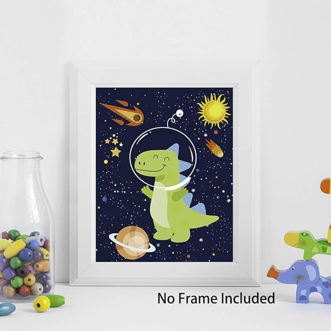 KAIRNE Dinosaur Outer Space Art Print, Solar System Planet Canvas Poster,Set of 4 (8X10inch,Unframed) Animal Astronaut Wall Art for Kid Room Decor