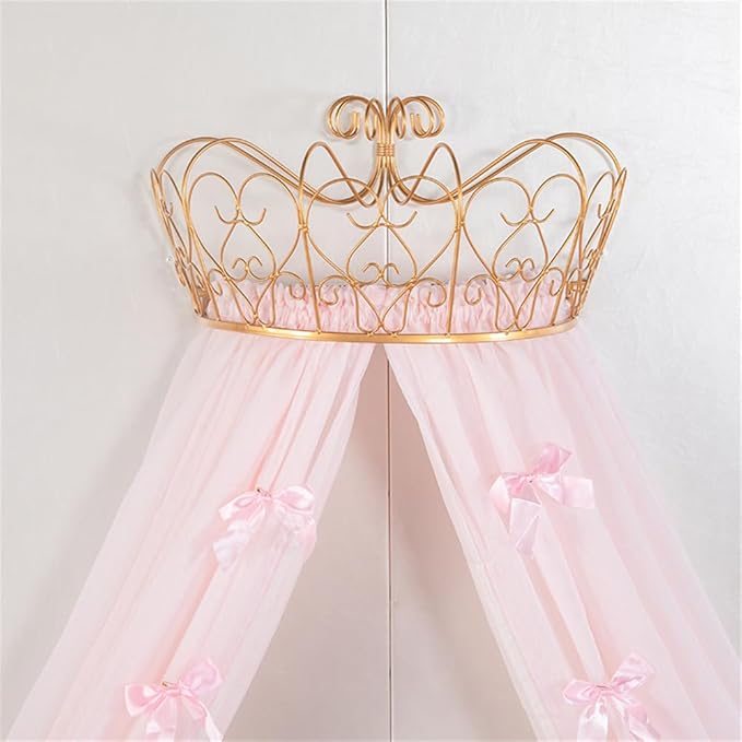 Lotus Karen Princess Bed Canopy Chiffon Girls Bed Curtain Decorative Drapery Metal Crown for Girls Cute Pink Bow-Knots Kids Bedding