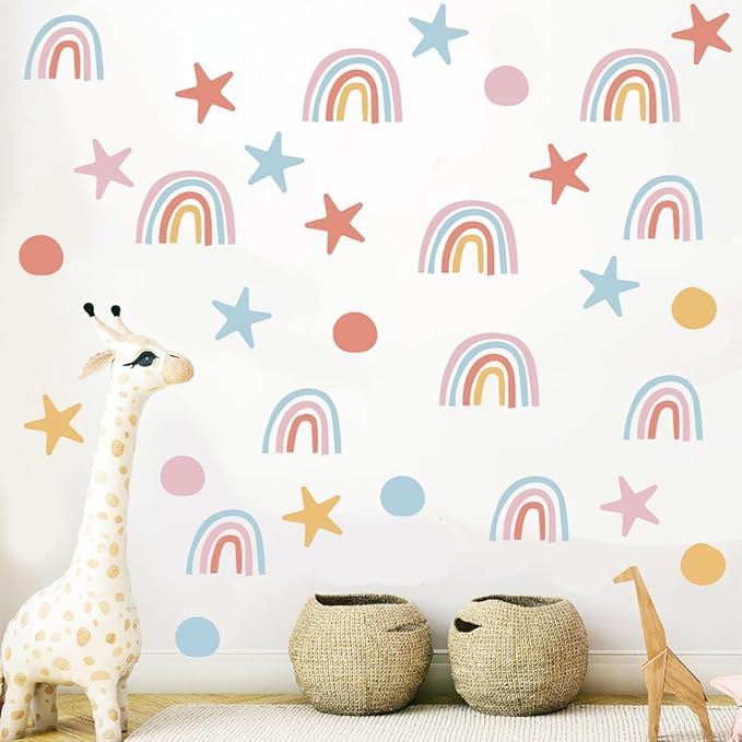Rainbow, Stars & Dots Wall Decals for Kids Room – 160 PCS Pastel Boho Peel & Stick Waterproof Vinyl Wall Decor Stickers, 10 Sheets Removable Nursery, Bedroom & Playroom Decor(Style A)