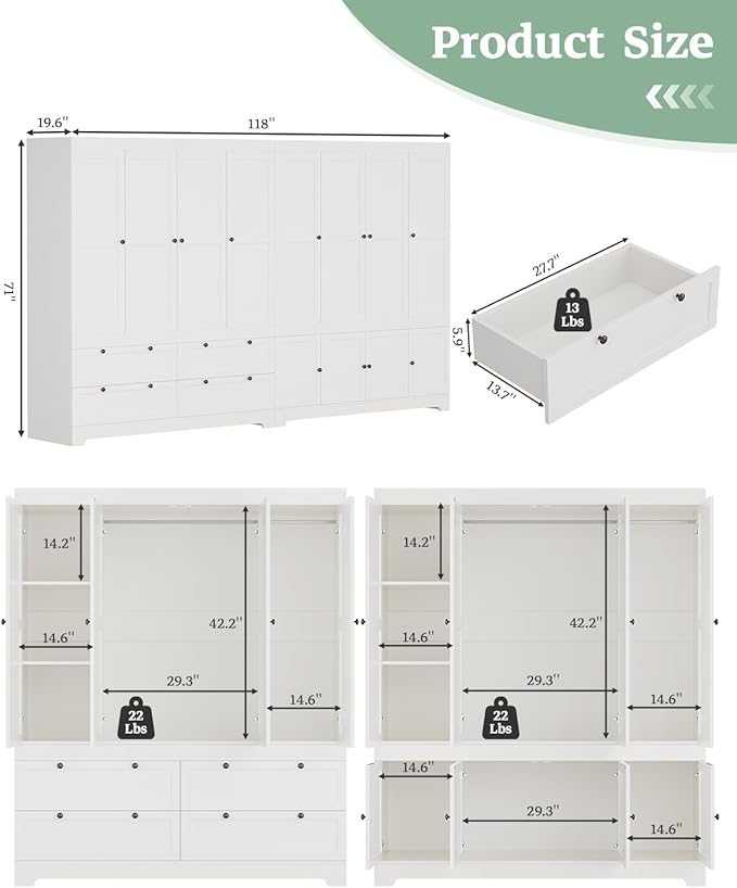 8 Door Modular Wardrobe Closet - 71" Tall Large Armoire with Hanging Rod, Freestanding Large Capacity Clothing Wardrobe Cabinet w/Handles for Bedroom White