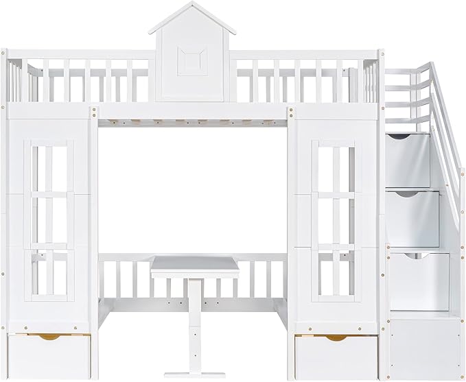 MERITLINE Twin Over Twin Castle House Loft Bed with Stairs and Storage Drawers,Solid Wood Princess Convertible Bunk Bed with Desk and Seat (White (Convertible))
