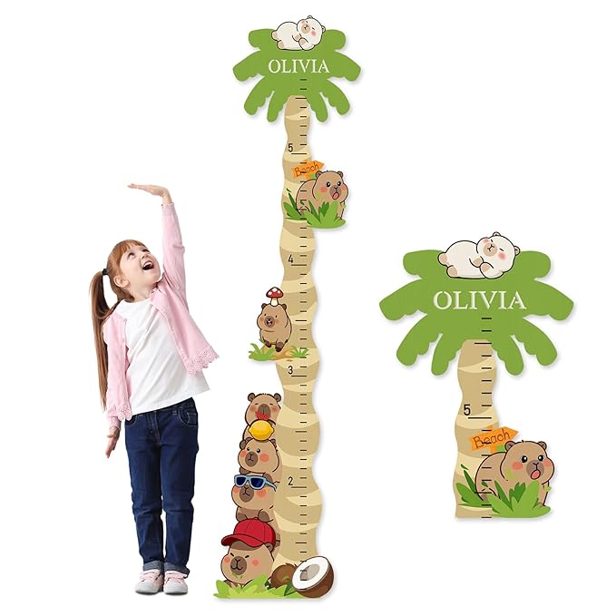 Personalized Name Wooden Growth Chart for Kids – Cute Capybara Height Chart for Kids, Kids Measuring Ruler for Nursery, Bedroom, Playroom, for Baby Shower, Holiday Gift