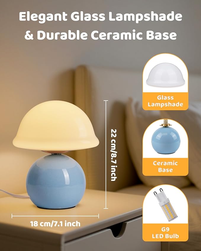 Mushroom Lamp for Bedroom, Cute Small Bedside Table Lamp with Glass Lampshade, Dimmable Nightstand Lamp Mid Century Modern Lamp for Home Living Room Decor (Blue)