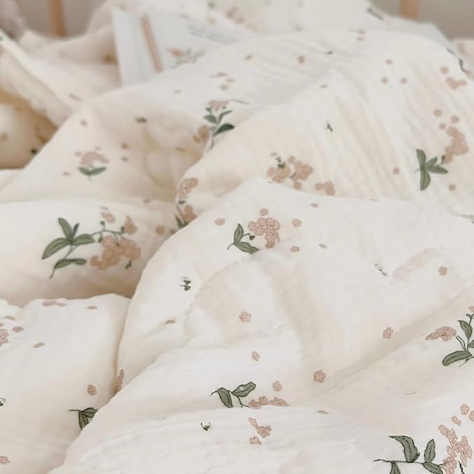 BuLuTu Shabby Chic Floral Toddler Comforter Quilt Cotton Muslin Kids Blankets Sweet Laurel Design Beige Toddler/Twin Bed Blanket for Unisex Baby Toddler Boys Girls, 60"x78"