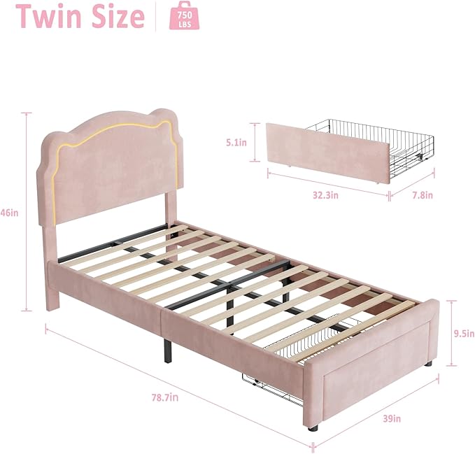 GarveeHome Twin Upholstered LED Bed Frame with Headboard, Velvet Princess Platform Bed Frame for Kids, Wooden Slats Support, No Box Spring Needed (Pink with Drawer, Twin)