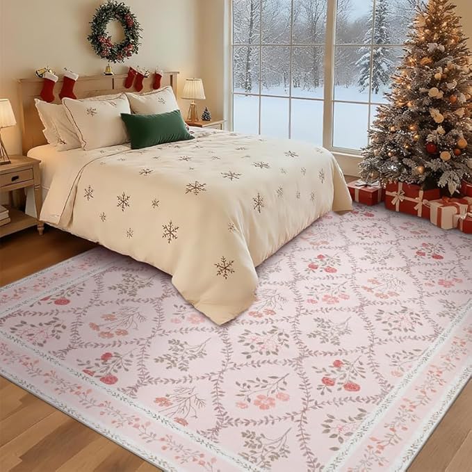 YIHOUSE Pink Floral Print Rugs, Moroccan Trellis 9x12 Washable Large Rug, Modern Pastel Non Slip Ultra-Thin Area Rug for Classroom, Nursery Playroom,Dorm,Bedroom,Living Room, Pink Multi