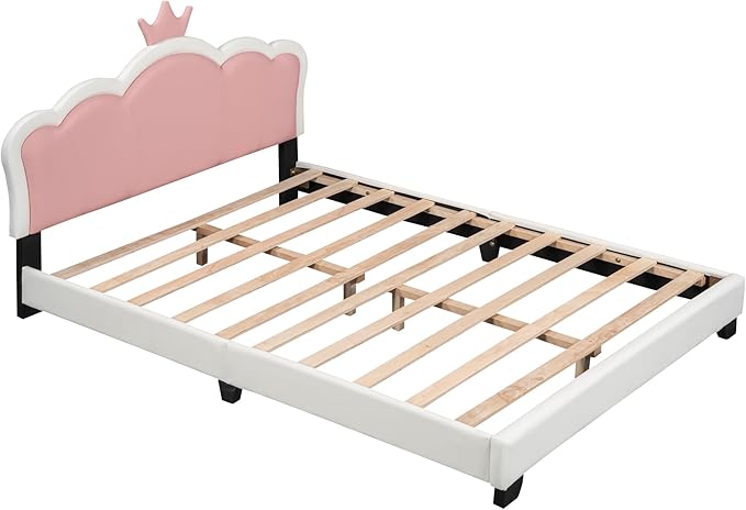 Full Size Princess Bed Frame with Crown Shaped Headboard for Kids,Upholstered Platform Bed with Slats Support,Full Girls Bed,Full Bed for Girls Teens,White