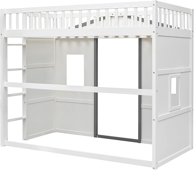 Twin Size Loft Bed with Safety Guardrail for Kids Boys Girls, Playhouse Design Solid Wood Loft Bed Frame with Ladder and Windows, Strong Wood Slats Support, Space-Saving (White+g Twin)