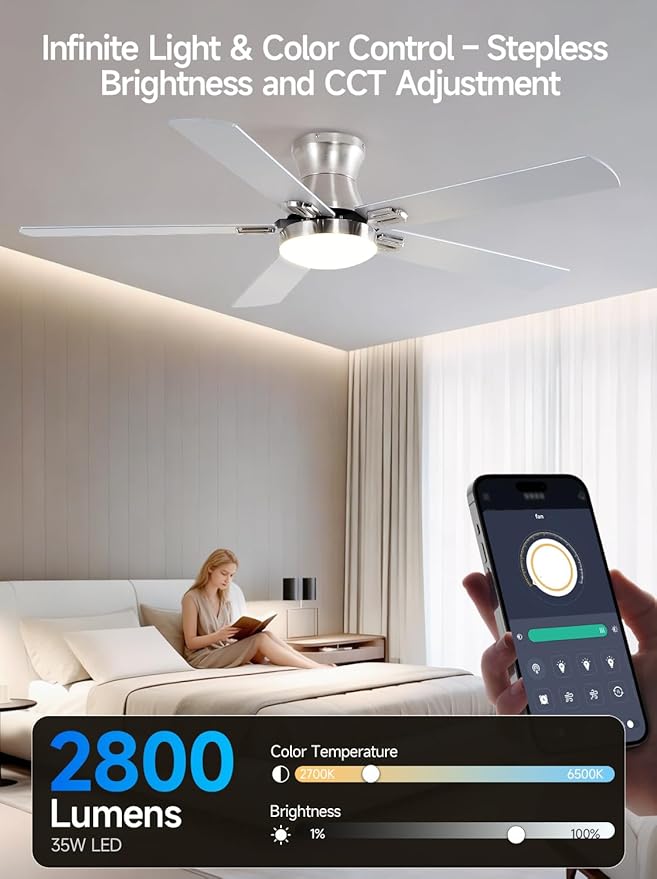52 Inch Ceiling Fans with Lights, RGB Ceiling Fan with Remote and App,Flush Mount Low Profile, Dimmable 35W LED, Reversible, Smart Ceiling Fan for Bedroom Nursery Living Room Apartment,Nickle