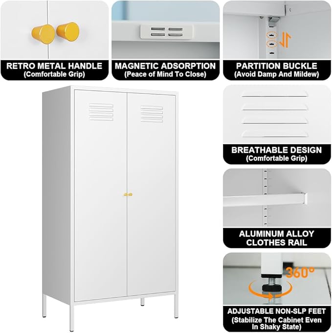 2 Door Metal Wardrobe,Classified Storage Tall Storage Cabinet with Hanging Rod&2 Freely Adjustable Shelves, Metal Armoire Closet for Kids Bedroom, Laundry Room,Home (Storage Cabinet, White)