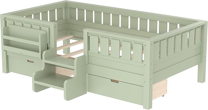 Bellemave Twin Size Kids Bed with high Rails and with Built-in Bookshelf and Drawers for Kids, Girls, Boys, Wood Montessori Bed Without Door, Avocado Green