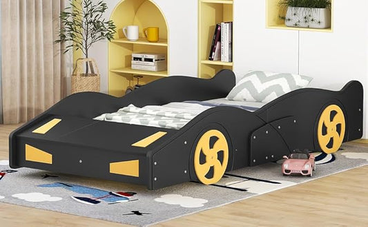 Twin Size Race Car-Shaped Platform Bed Bedframe with Wheels and Storage, 90.6" L * 40.3" W * 15,7" H Black+Yellow
