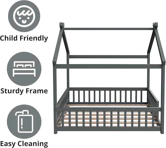 LLS Full Size House Bed with Fence, Wooden Montessori Bed with Slats Support, Floor Bed Frame for Boys Girls Bedroom, Gray