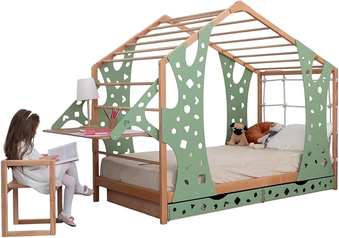 BUSY WOOD Monkey Bed – Twin Frame with Storage & Desk – Montessori Indoor Playground – Jungle Gym Furniture for Kids – Toddler Sleeping Frame with Drawers & Removable Table