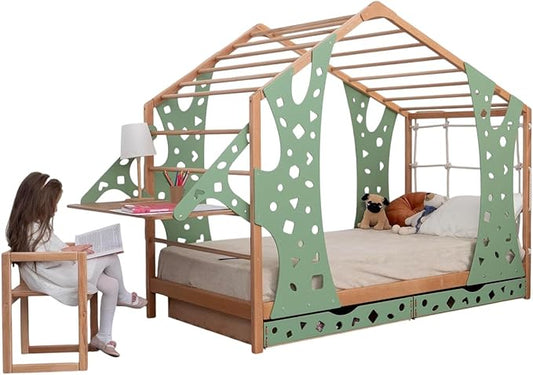 BUSY WOOD Monkey Bed – Twin Frame with Storage & Desk – Montessori Indoor Playground – Jungle Gym Furniture for Kids – Toddler Sleeping Frame with Drawers & Removable Table
