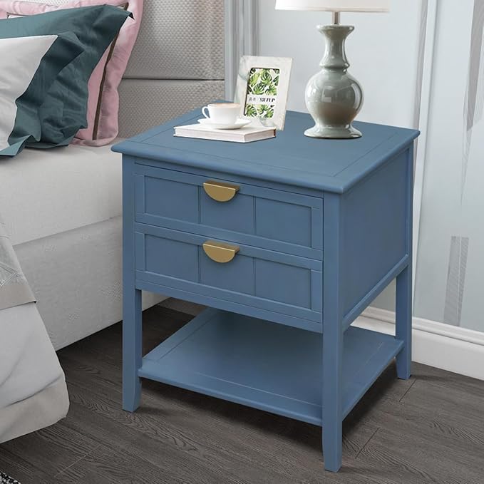 PElHONGET Nightstand with 2 Drawers, Accent End Table Mid Century Modern Side Table with Shelf Storage, Bed Night Stand with Metal Handles Wood for Bedroom, Living Room (Blue)