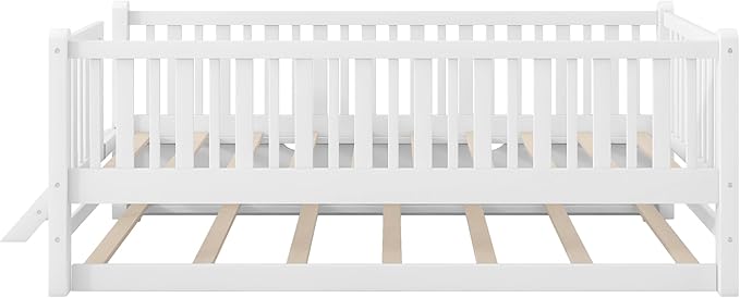 LUMISOL Twin Size Low Platform Bed Frame with Trundle, Wood Floor Bed with Ladder & Fence Guardrail for Kids Teens Girls Boys, No Box Spring Needed, White